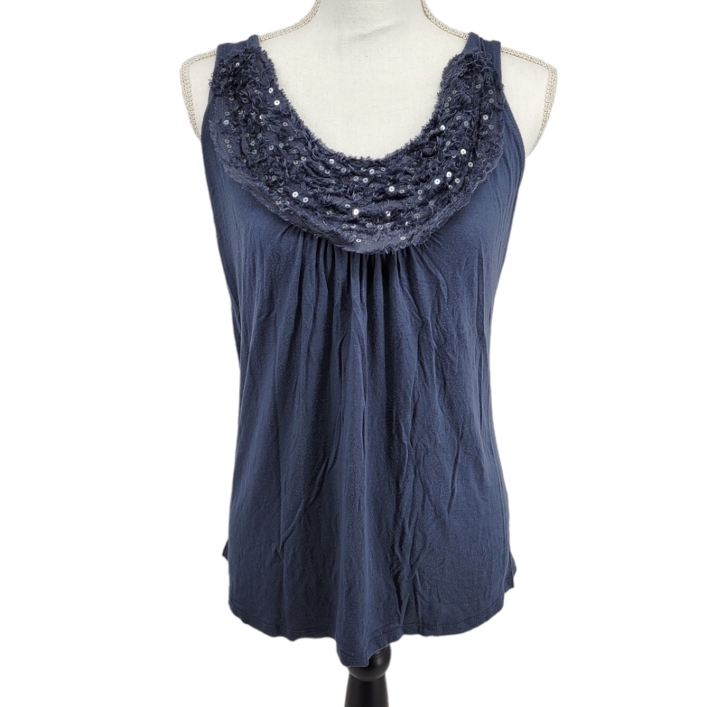 Olivia Moon Blue Tank Top Lace and Sequin Ruffled Collar Size L